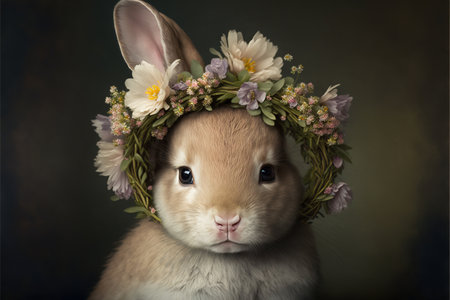 Rabbit in a wreath of flowers on a dark background.の素材