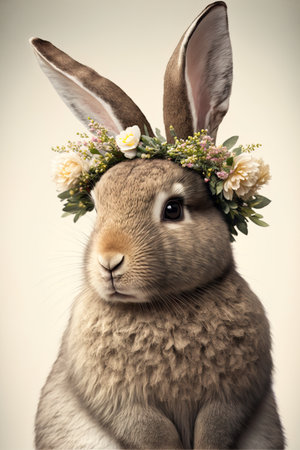 Rabbit wearing a wreath of flowers on a gray background.の素材