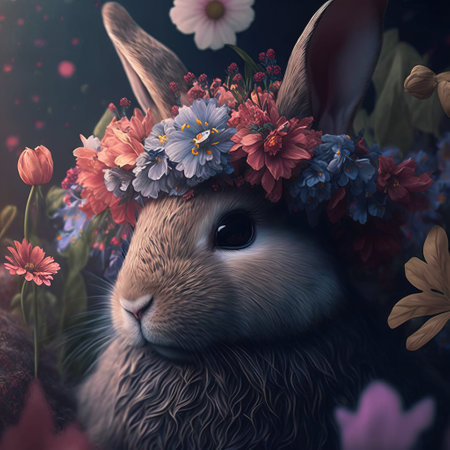 Easter bunny with flowers on dark background. 3d render.の素材