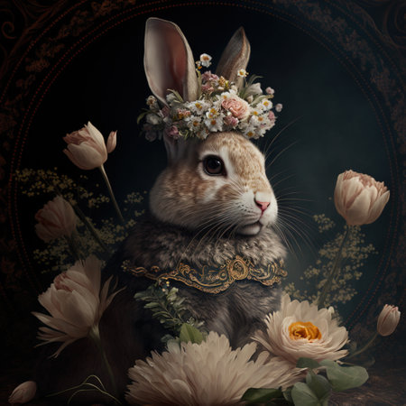 Rabbit with a wreath of flowers on a dark background.の素材