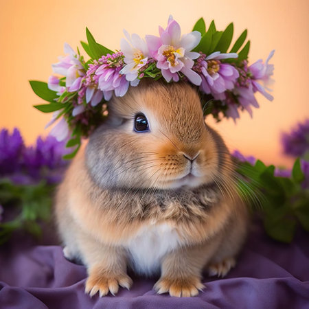 Cute little rabbit wearing a wreath of flowers on a purple backgroundの素材