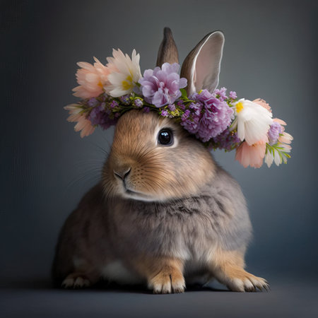Cute little bunny with a wreath of flowers on a gray backgroundの素材
