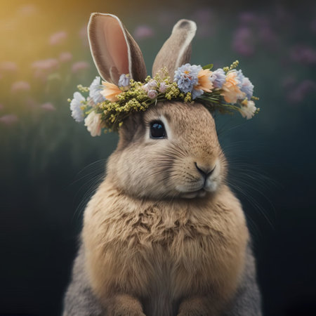 Rabbit with a wreath of flowers on the head on a dark backgroundの素材