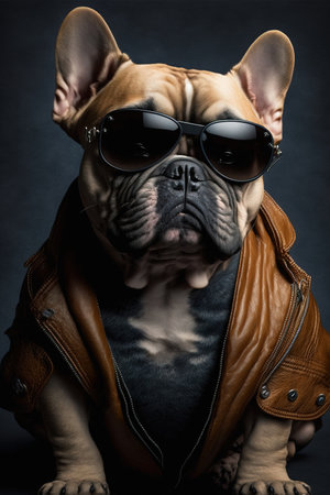 French bulldog wearing leather jacket and sunglasses on black background. studio shot.の素材