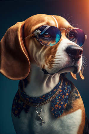 Beagle dog with sunglasses. Studio shot over dark blue background.の素材