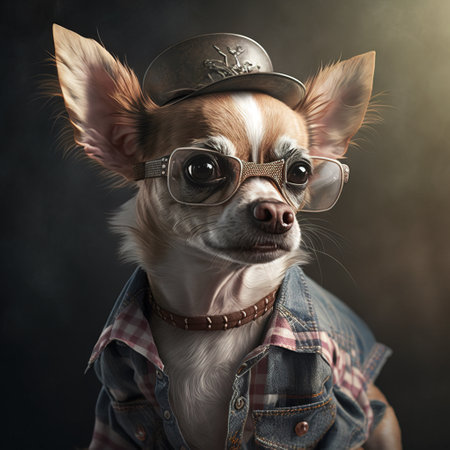 Portrait of a cute chihuahua dog wearing cowboy hat and sunglassesの素材