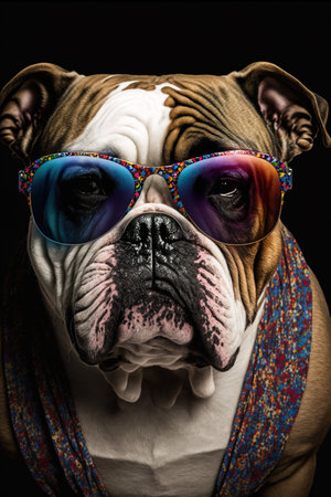 Portrait of a beautiful english bulldog wearing sunglasses on a black backgroundの素材