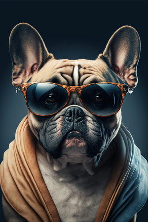 Portrait of a French Bulldog wearing sunglasses. Isolated on black background.の素材