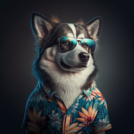 Portrait of a cute alaskan malamute dog wearing sunglassesの素材