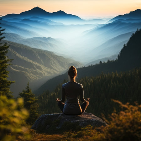 Woman meditating in lotus position on rock in mountains at sunriseの素材