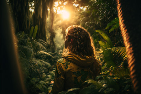 A girl in a park on a walk in the rainforest.の素材