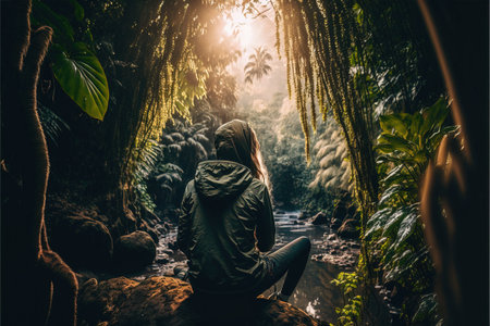 Young woman sitting on a rock and looking at the river in the rainforestの素材