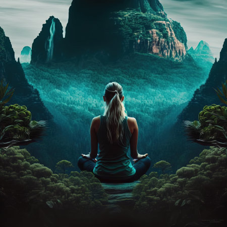 Woman meditating in lotus position on the background of a waterfallの素材
