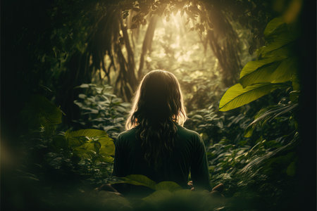 Young woman with long hair looking at the light in the forest.の素材