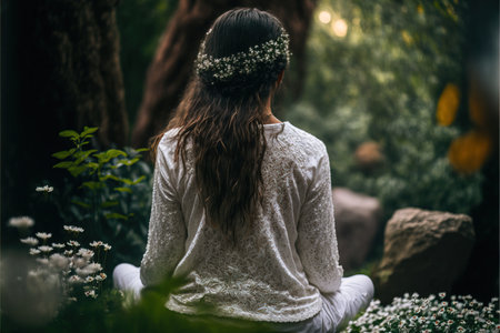A girl in a white dress and a wreath on her head sits on the grass in the park.の素材