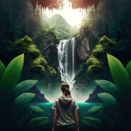 Woman looking at a waterfall in the jungle of Vietnam. Collage.の素材