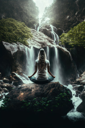Woman meditating in lotus position on the rock at the waterfallの素材