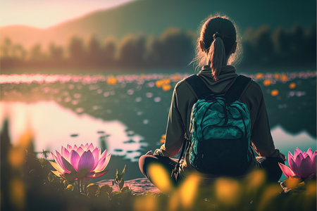 Young woman sitting on the lotus pond in the morning and looking at the sunset.の素材