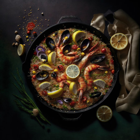 Spanish paella with shrimp, mussels and squid on dark backgroundの素材