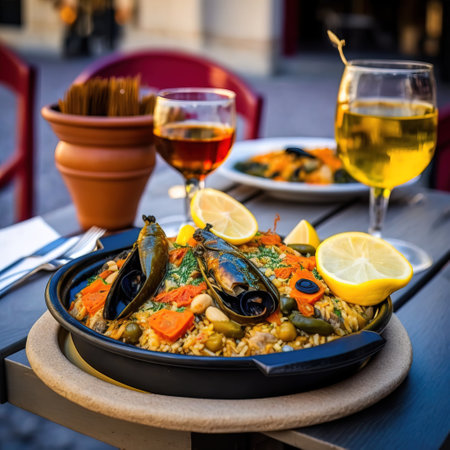 Traditional Spanish paella served on a terrace with a glass of wineの素材