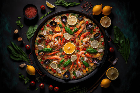 Seafood paella with shrimps, mussels, squidpuspus and mussels on a dark backgroundの素材