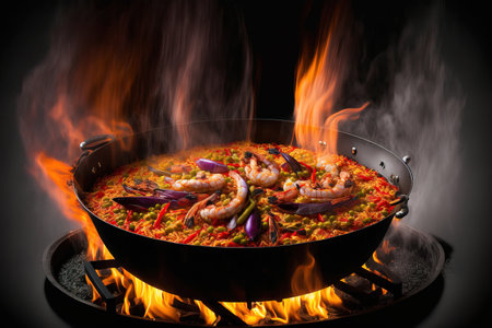 Paella with shrimps and vegetables in a wok with fireの素材