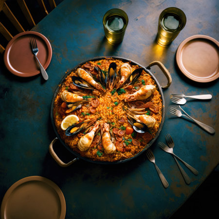 Paella with seafood on a dark background, top view, copy spaceの素材