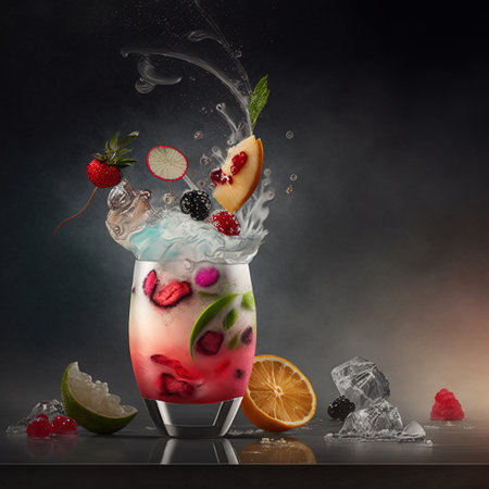 Cocktail with berries, fruits and ice on a black backgroundの素材