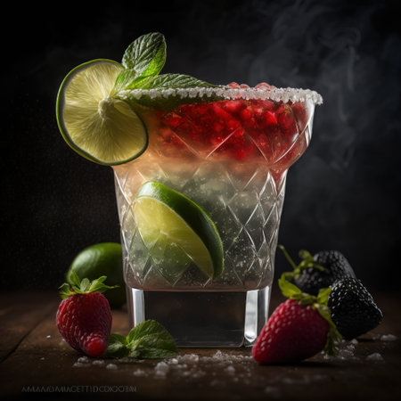 Cocktail with lime, strawberry and mint on a wooden tableの素材