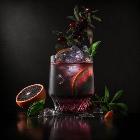 Cocktail with orange, cranberry and ice on black backgroundの素材
