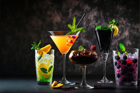 Variety of cocktails in martini glasses on a dark background.の素材