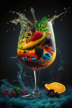 Fruit cocktail in a glass with splashes on a dark backgroundの素材