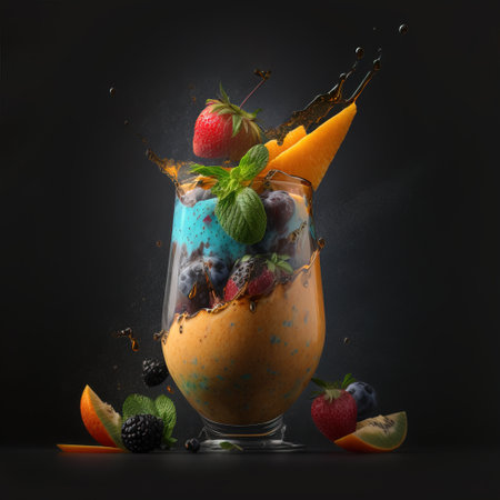 Smoothie with fruits and berries in a glass on a black backgroundの素材