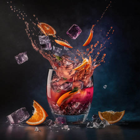 Cocktail with orange, ice cubes and splash on black backgroundの素材