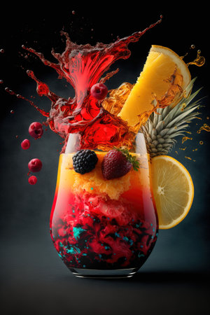 Fruit cocktail in a glass with splashes on a black backgroundの素材