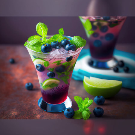 Blueberry mojito with lime, mint and ice on dark backgroundの素材