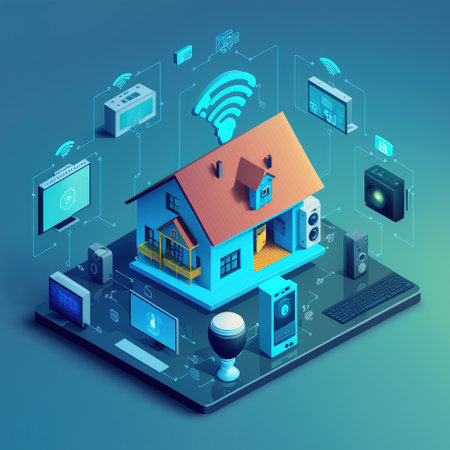 Smart home technology concept with smart house on blue background isometric vector illustrationの素材