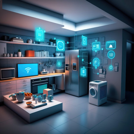 Highly rendering of modern kitchen interior with connected devices. 3d renderの素材
