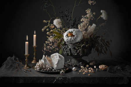 Still life with dried flowers, candles and soap on a black backgroundの素材
