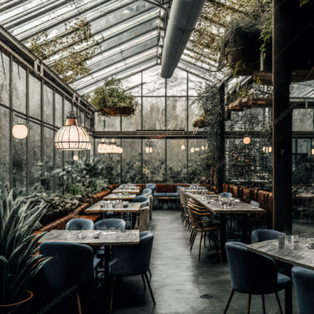 Interior of a beautiful greenhouse with tables and chairs. Toned.の素材
