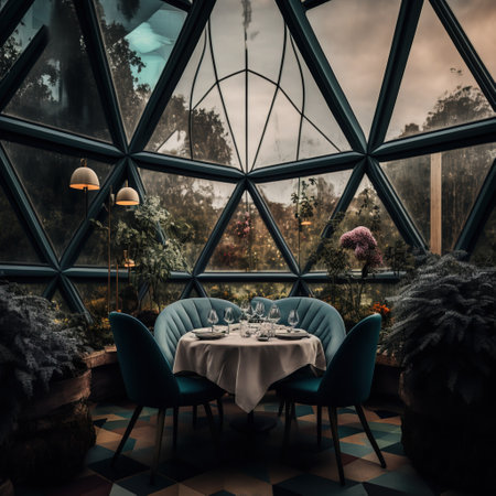 Interior of a restaurant with a large window in the background. Toned.の素材