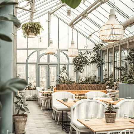Interior of a modern greenhouse with tables and chairs. Toned.の素材