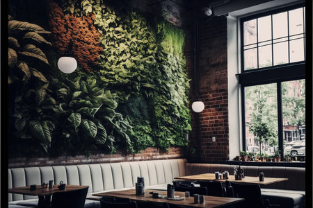 Interior of a cafe with green plants on the wall. 3d renderの素材
