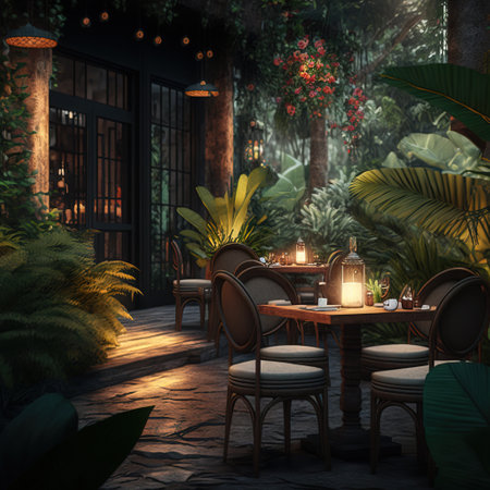 3D rendering of a terrace in a tropical garden at nightの素材