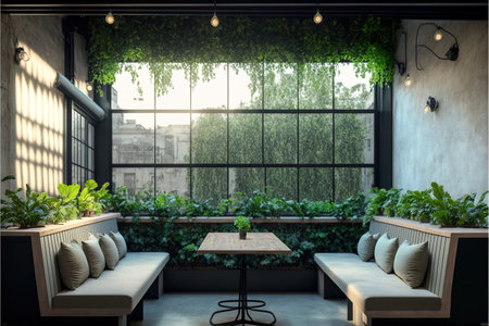 Interior of modern coffee shop with green plants. 3d renderの素材