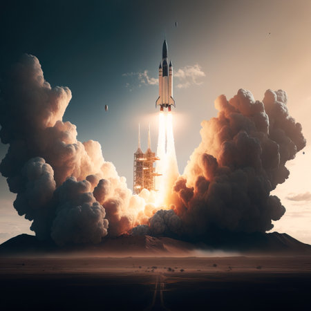 Space rocket taking off from the ground. 3d render illustration.の素材
