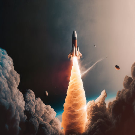 Rocket taking off into space. Mixed media. Mixed media. Mixed mediaの素材