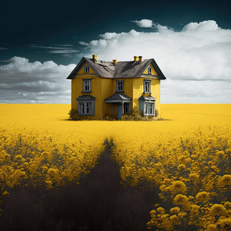 Yellow house in the rapeseed field. 3d render illustration.の素材