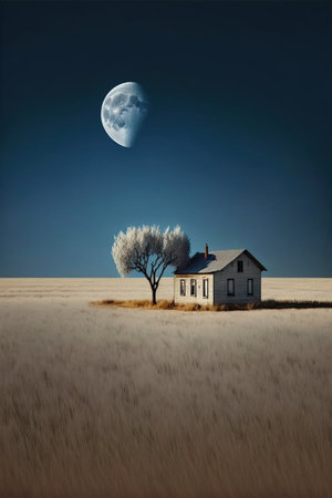 Abandoned house in the middle of a field at night with moonの素材