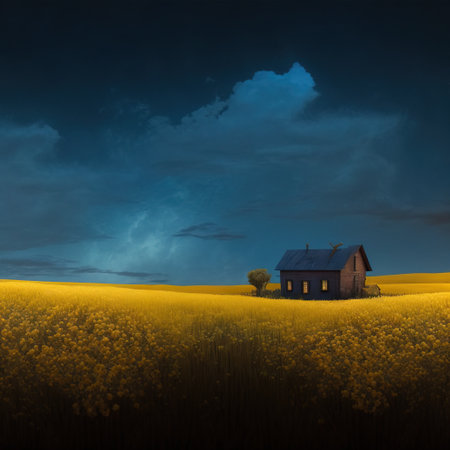 Countryside landscape with a house in the middle of a rape fieldの素材